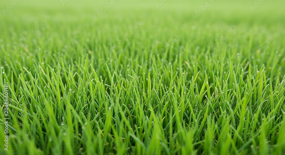 Obraz premium Close up view of bright green grass blades with dew drops a natural outdoor scene lawn herbage foliage