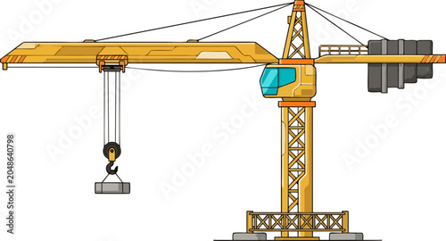 Foto Yellow Construction Tower Crane Lifting Concrete Block Vector Illustration