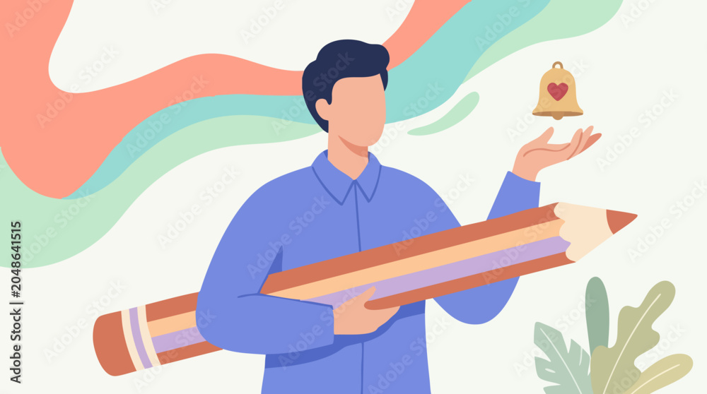 Obraz premium Illustration of a creative person holding a large pencil and a notification bell