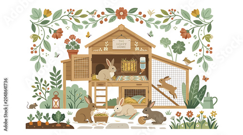 Schilderij op canvas Rabbit Hutch with Rabbits and Plants.
