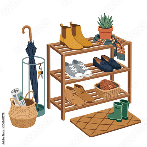Shoe rack with boots and accessories.