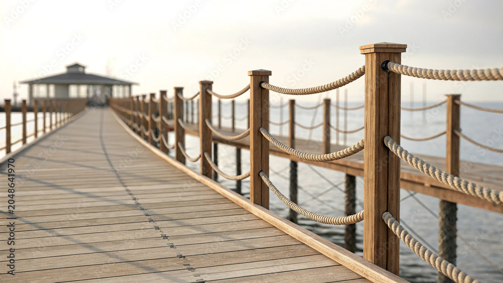 Naklejka premium Wooden boardwalk with rope railing isolated perspective pier design