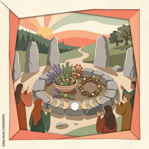 Εκτύπωση καμβά People gathered around stone circle offering.
