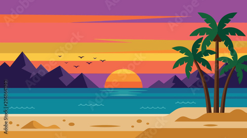 Vibrant flat design tropical sunset illustration with serene ocean, silhouetted palm trees, distant mountains, and colorful sky, evoking a peaceful beach getaway