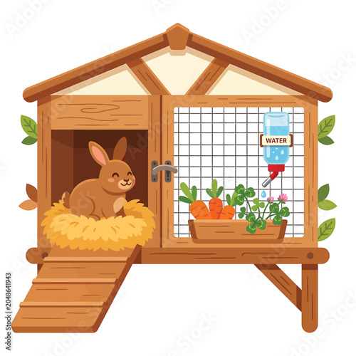 Rabbit in cozy wooden hutch home.