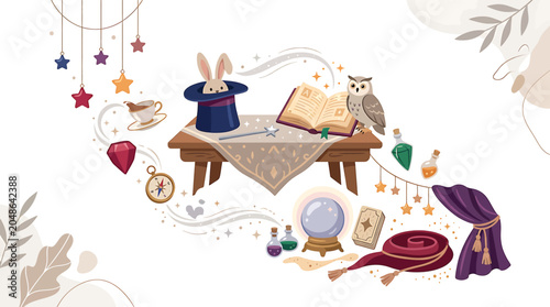 Rabbit magician with book and hat.