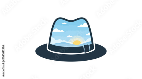Obraz na płótnie Fedora Hat with Sunrise Landscape Inside - Travel and Adventure Concept