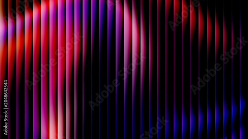 Abstract dark background with vertical glowing purple, red, and blue stripes. Minimalist geometric pattern with thin blurred lines on black backdrop