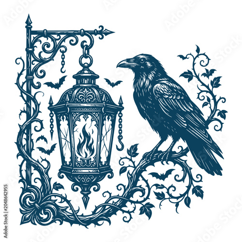 Vintage Raven and Lantern Gothic Halloween Illustration