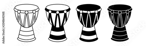 Four djembe drums arranged in a gradient from white to black on a white background