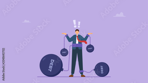 Businessman chained with many debt ball. Business fund management trap or finance problem concept.