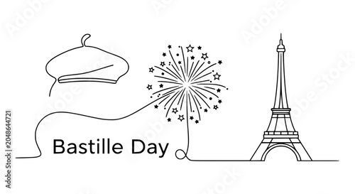 Cuadro en lienzo Bastille Day celebration: Eiffel Tower, beret, fireworks in minimalist line art style