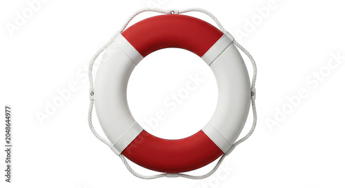 Bild auf Leinwand Red and white life preserver ring with rope detail on a clean white background