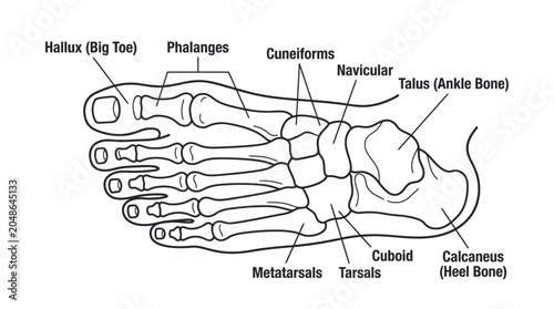 Tableau sur toile Human Foot Anatomy Diagram: Bones, Tarsals, Metatarsals, Phalanges, Hallux