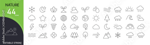 Cuadro en lienzo Nature icons set representing trees, leaves, forests, landscapes, ecology, wildlife and environmental beauty in clean outline style