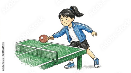 A focused young student leaning forward over a tennis table to hit a small ball with a red paddle during a ping pong game.