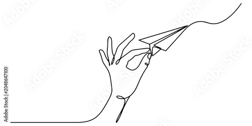 Obraz na płótnie The hand launching a paper airplane upward symbolizing startup vision, innovation, and business momentum, line art style vector illustration