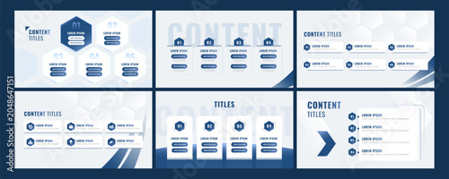 Business Content Layout Presentation Template with Hexagon and Information Cards