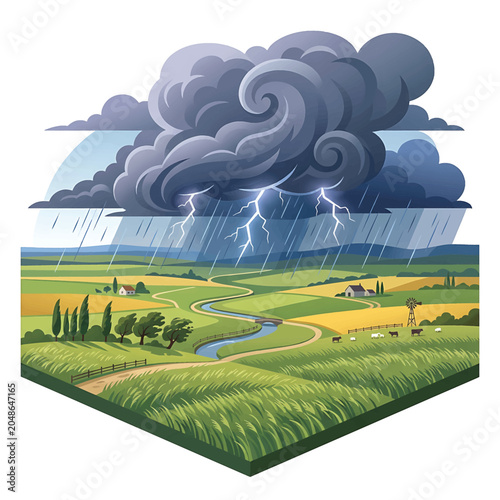 Stormy weather over green landscape fields.