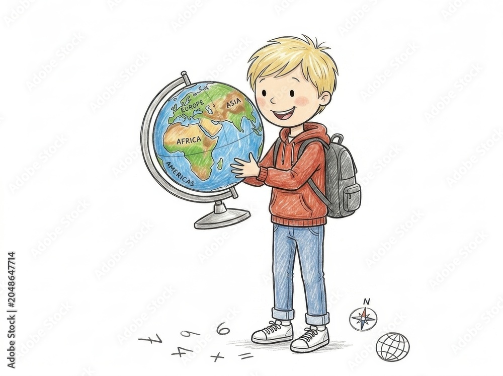 Fototapeta premium A curious and happy schoolchild with a shoulder bag holding a large desk globe, excitedly looking at continents during a geography lesson.