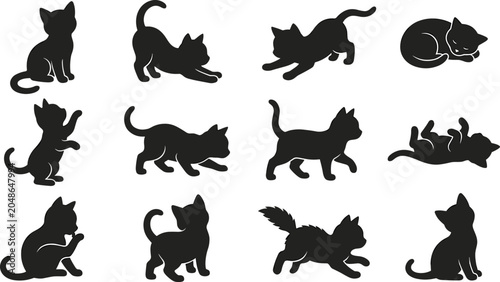 Bild auf Leinwand Black Cat Silhouette Collection Featuring Sitting, Jumping, Stretching, Sleeping