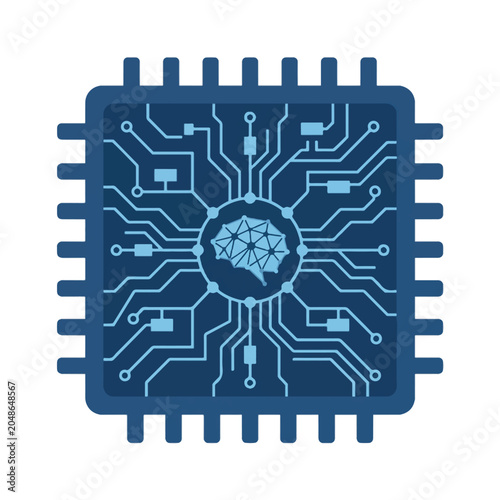 Artificial intelligence microchip vector, digital brain processor icon, blue electronic circuit board with neural network hardware for machine learning