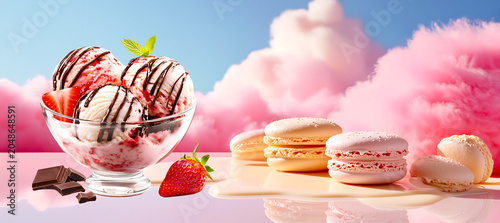 Strawberry ice cream sundae and french macarons on a pink cotton candy sky