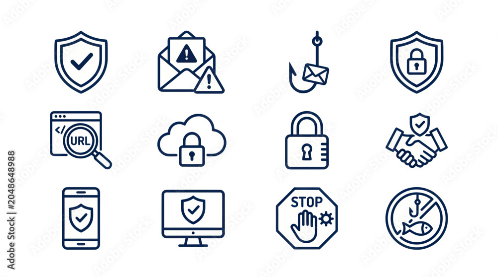 Fototapeta premium Cybersecurity Icons: Protection, Phishing, Data Security, and Network Safety