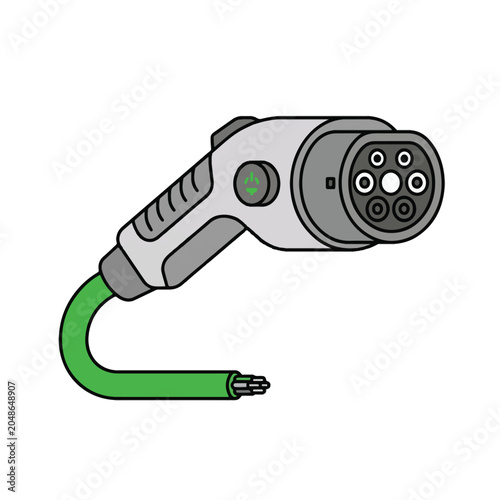 Electric vehicle charging plug vector illustration, EV charger connector with green cable, sustainable transport power supply icon for clean energy