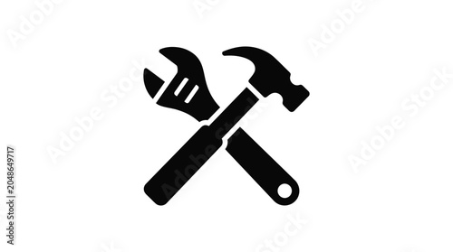Tableau sur toile Crossed hammer and wrench tools in black silhouette tool spanner pliers adjustab