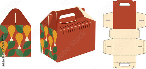 фотографія Chicken Takeaway Packaging Box Template Collection Featuring Carry Handle Carton