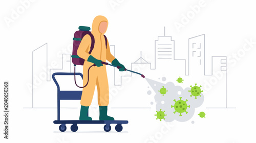 Schilderij op canvas Disinfection Worker in Hazmat Suit Sprays Virus Particles in City
