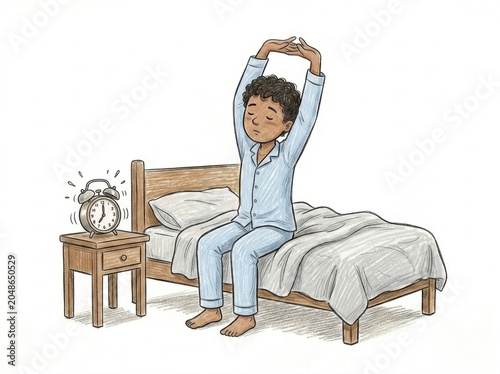 A happy schoolchild sitting on the bed and stretching with arms up after waking up in the morning, next to a ringing alarm clock on a nightstand.