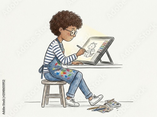 A focused student wearing glasses sitting at a desk and carefully drawing a digital illustration with a stylus on a graphic tablet screen.
