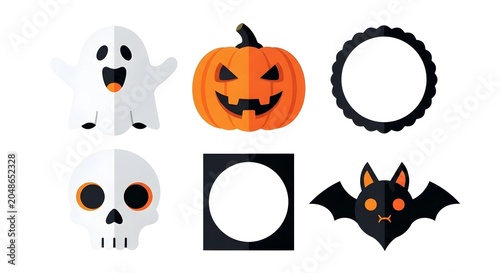 Halloween flat icon set with spooky ghost and pumpkin, scary skull and bat illustrations, 6 decorative holiday elements for seasonal design