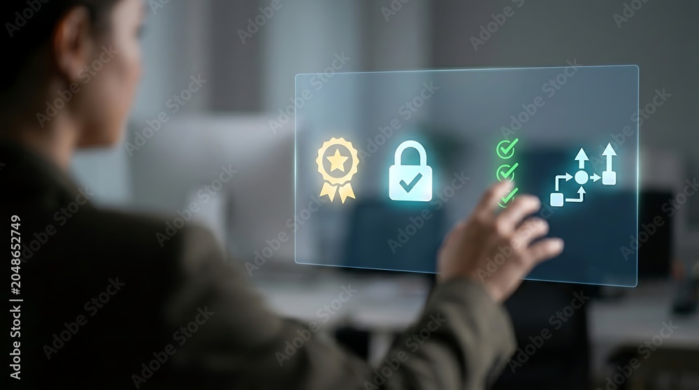Obraz premium Digital Quality Assurance: A businessperson's hand interacts with a futuristic digital interface displaying icons for quality assurance, security, and process flow.