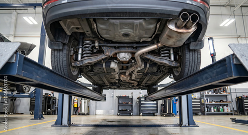 Car undercarriage between lift arms with exhaust system as car undercarriage detail for inspection and auto repair service