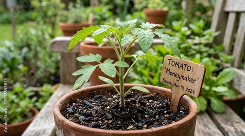 Small tomato plant with a label showing the name and date of planting sits in a clay pot on a wooden tabletop. Other plants and pots are visible in the background