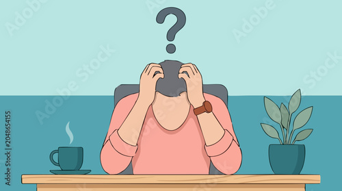 Foto Stressed person at desk with question mark, concept of confusion or problem