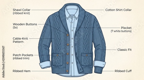 A stylish blue cardigan with a ribbed knit collar and cuffs, paired with a white collared shirt underneath.