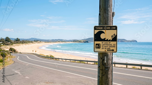 Tsunami hazard zone sign, beach, coast, road, ocean warning, evacuation safety guide on wooden pole beside empty seaside highway with blue sky
