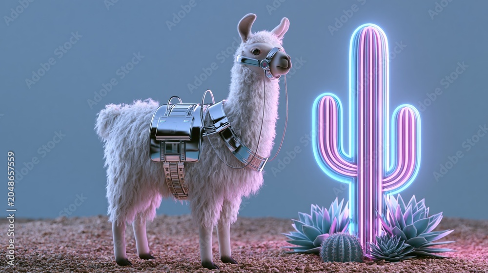 Obraz premium Futuristic Llama Wearing Metallic Gear Beside Neon Desert Cactus