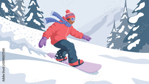 Foto snowboarder riding through snowy mountain landscape, winter sports flat vector i