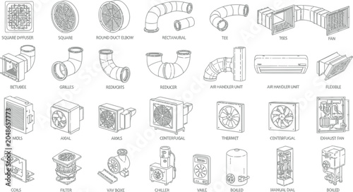 Foto HVAC system components including fans ducts elbows reducers diffusers and air ha