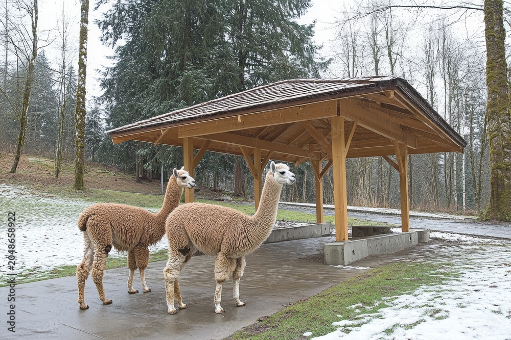 Fototapeta premium rural alpaca farm scene grazing animals near wooden shelter and grass field