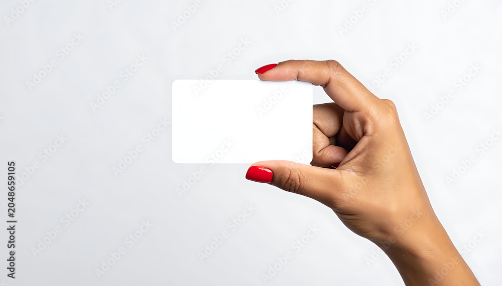 Obraz premium Hand holding a blank white credit card, isolated on a plain background, red nail polish