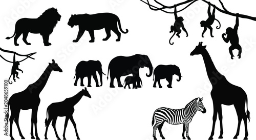 Photography Collection of black silhouette safari animals and monkeys on white background, l