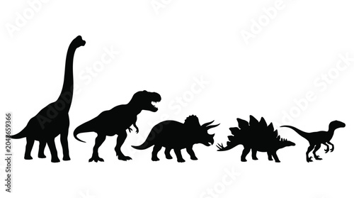 Fotografía Five distinct black dinosaur silhouettes, including a long-necked sauropod, t-re