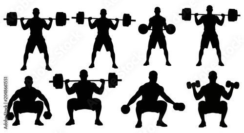 Tableau sur toile Silhouettes of Men Lifting Weights in Various Poses.