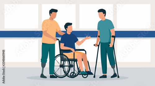 Diverse men with disabilities: wheelchair user, prosthetics, crutches, support